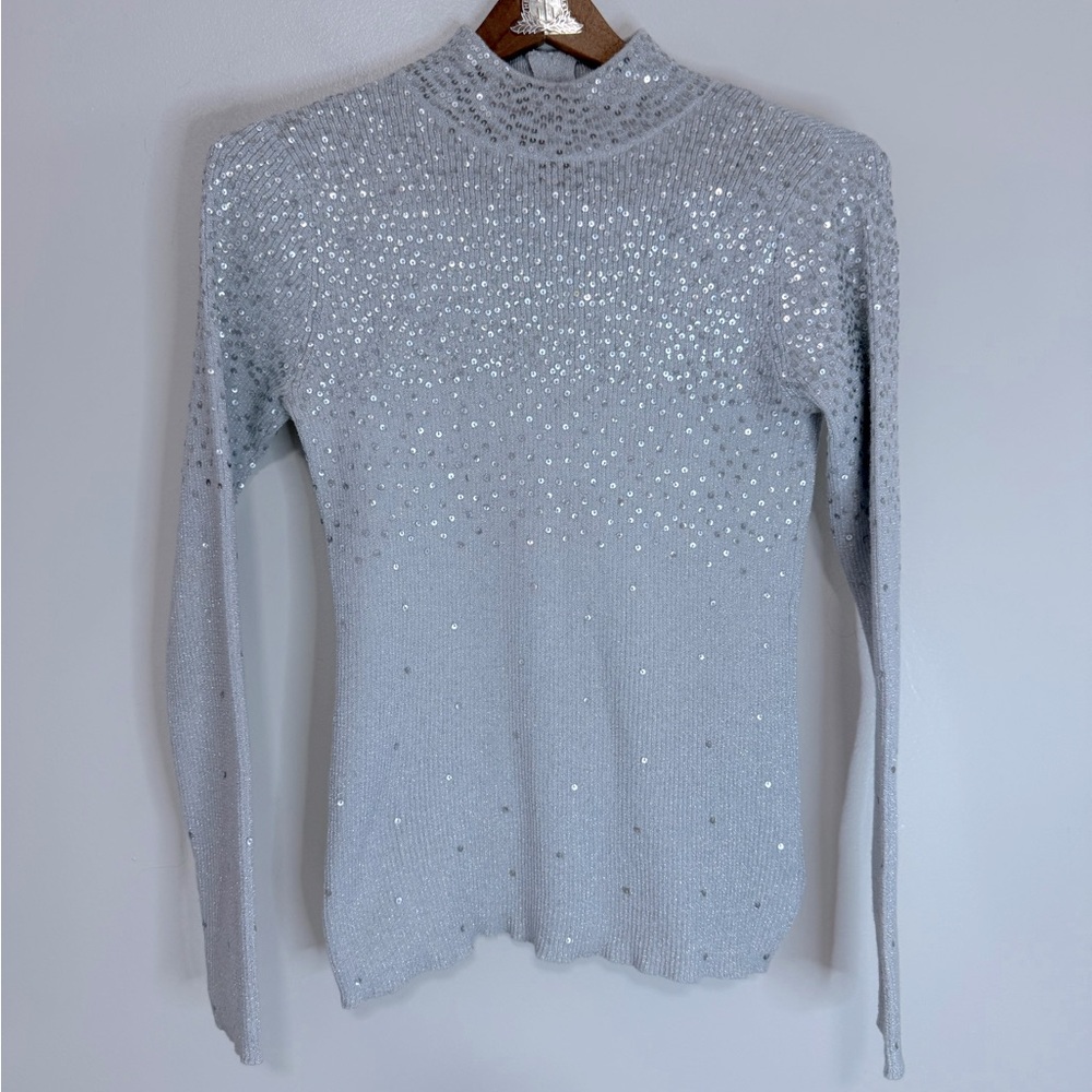 Once Again Sparkle Mock Neck Long-Sleeve Top - Light Gray size medium